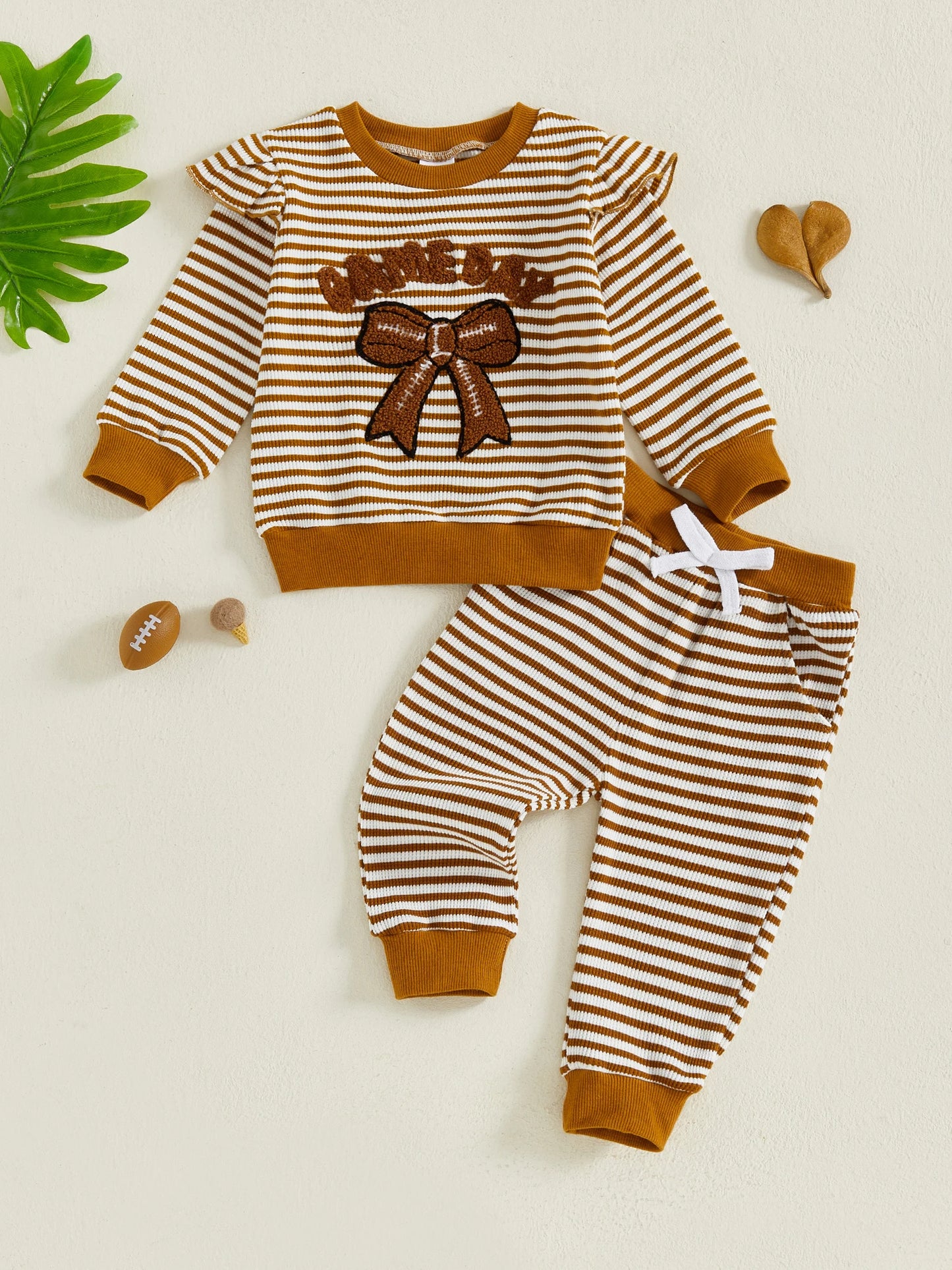 Baby Toddler Girls 2Pcs Game Day Fall Outfits Letter Bow Embroidered Striped Crew Neck Long Sleeve Top with Jogger Pants 2Pcs Set
