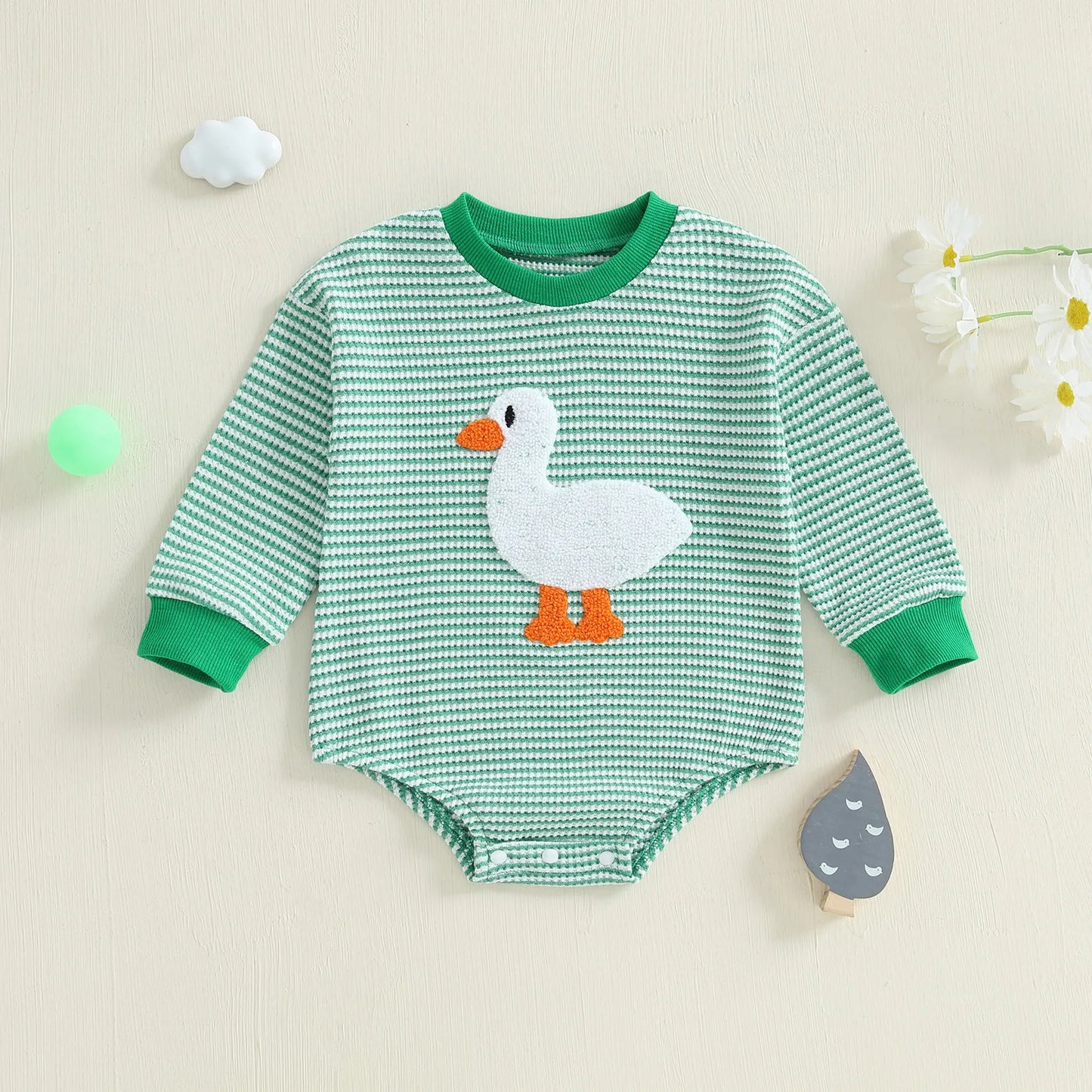 Baby Boy Rompers Long Sleeve Stripes Print Crew Neck Jumpsuit with Cute Goose Embroidery