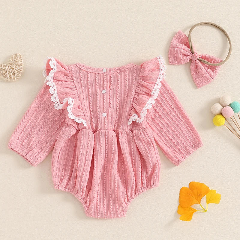 Baby Girls 2Pcs Set Lace Ruffled Trim Ribbed Long Sleeve Round Neck Romper Bow Headband Outfit