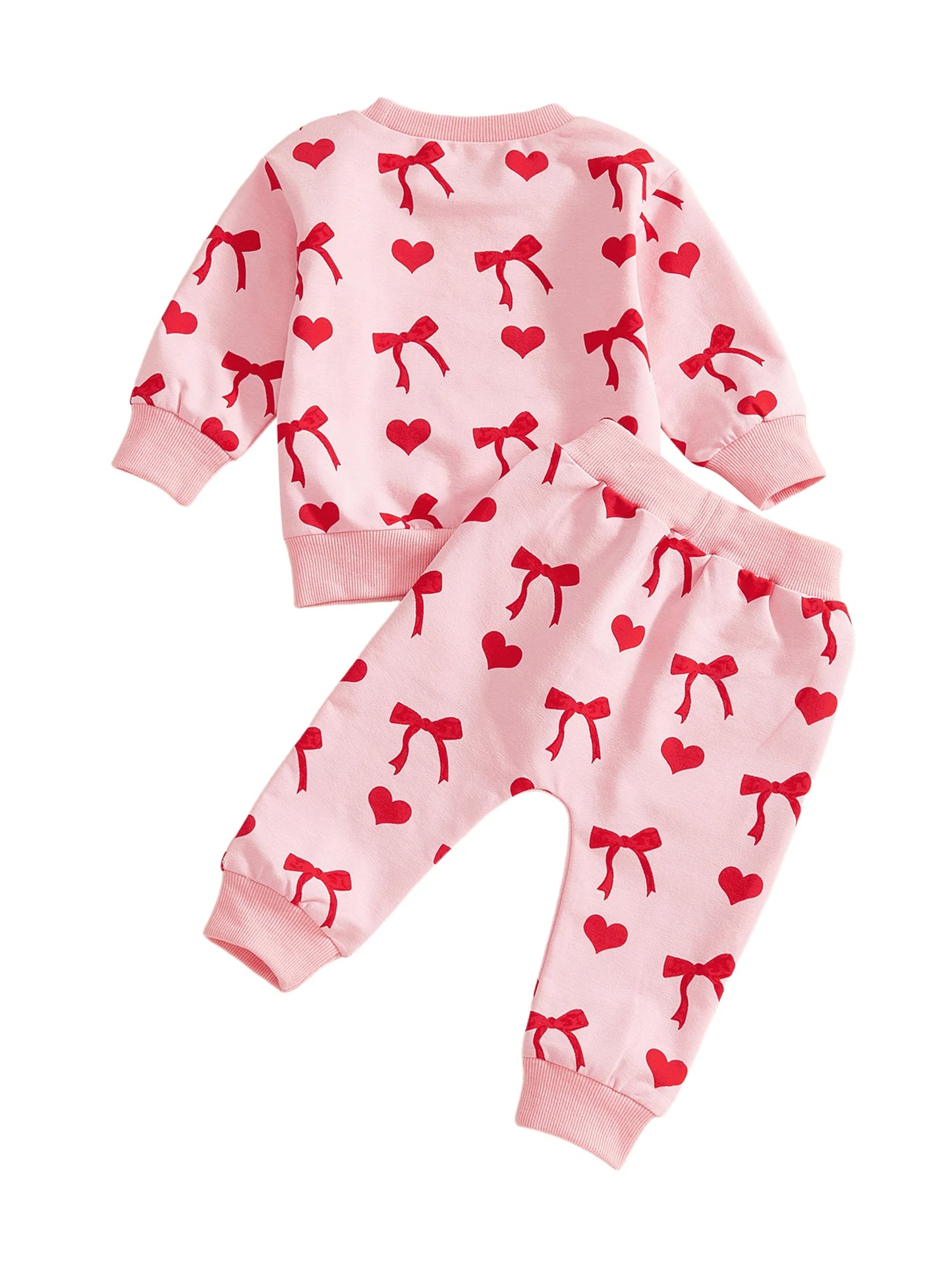 Baby Toddler Girls 2Pcs Valentines Day Outfit Heart Bow Print Long Sleeve Top and Pants Jogger Set