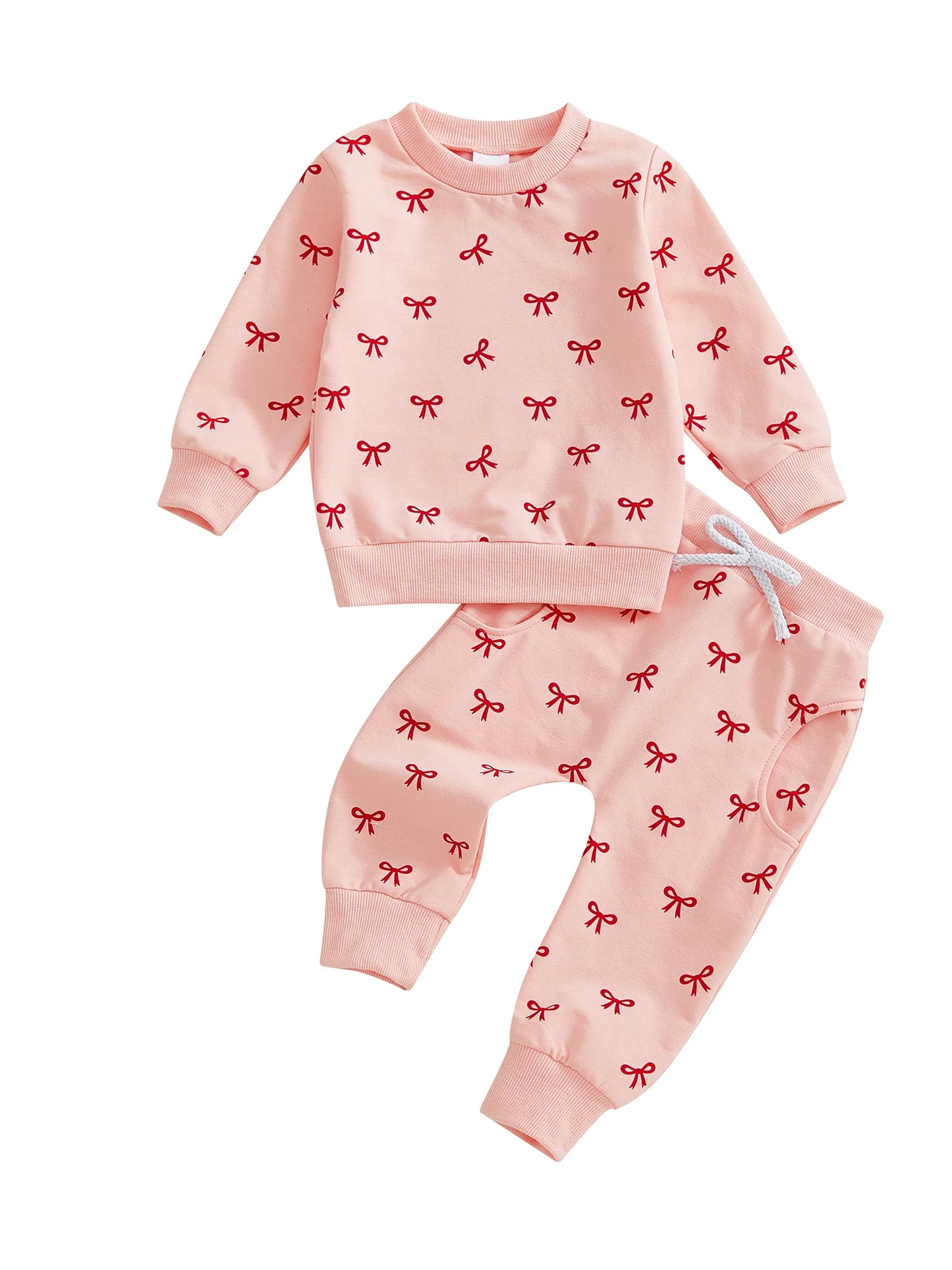 Baby Toddler Girl 2Pcs Fall Outfits Bow Print Long Sleeve Round Neck Pullover + Elastic Waist Long Pants 2Pcs Jogger Set