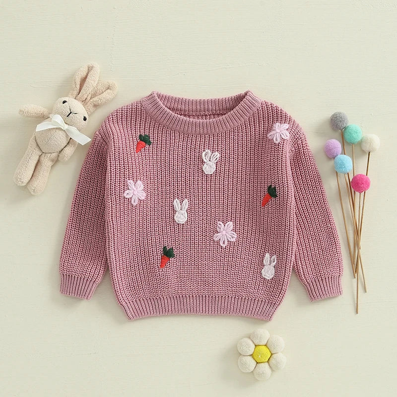 Baby Toddler Girls Knit Easter Sweater Long Sleeve O Neck Bunny Rabbit Carrot Embroidery Pullover Knitwear Top