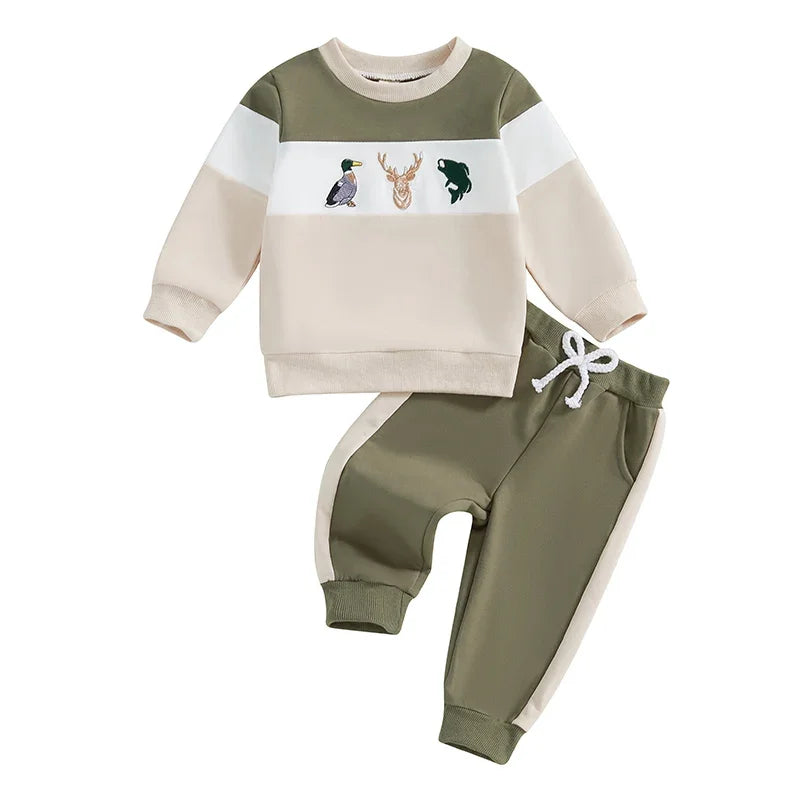 Baby Toddler Boy 2Pcs Christmas Winter Jogger Set Reindeer Whale Deer Duck Embroidery Long Sleeve Crewneck Pocket Long Pants Contrast Outfit