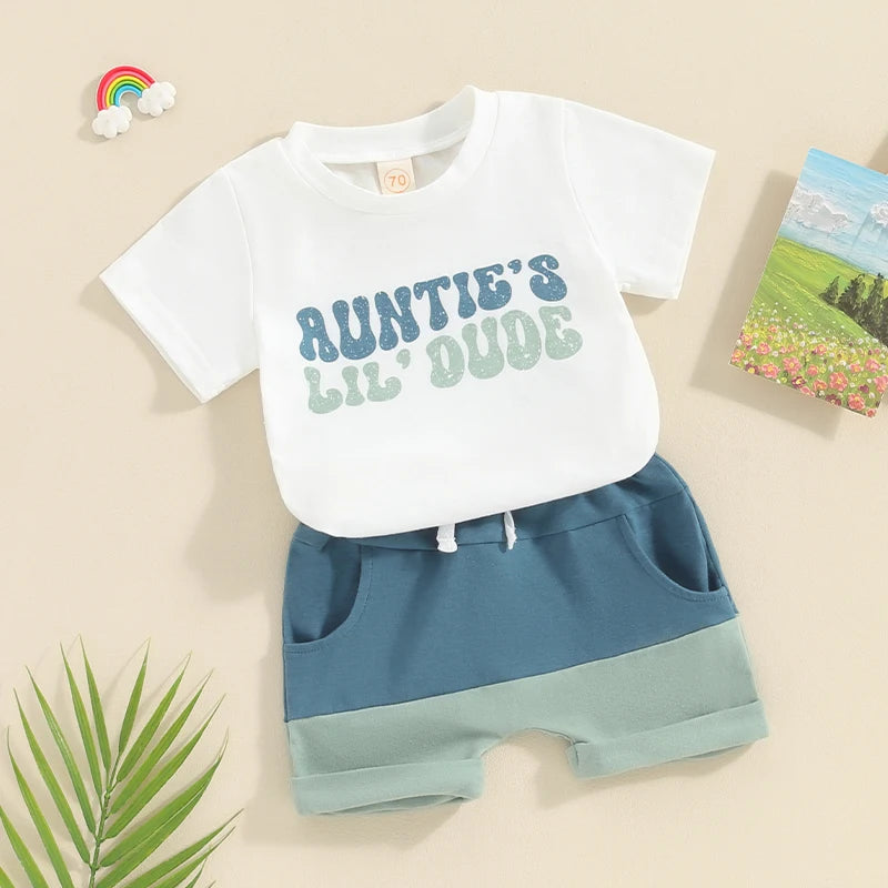 Baby Toddler Boys 2Pcs Auntie's Lil Dude Summer Outfits Letter Print Short Sleeve T-Shirt Tops and Elastic Waist Contrast Color Shorts Set