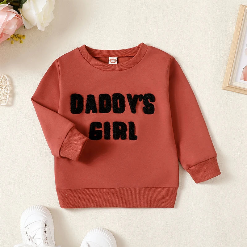 Baby Toddler Girl Daddy's Little Girl Letter Heart Fuzzy Embroidery Long Sleeve O-Neck Pullover Top