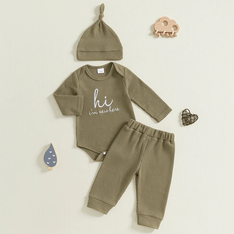 Baby Boys 3Pcs Hi I'm New Here Waffle Fall Set Letter Print Long Sleeve Round Neck Romper Long Pants Hat Outfit