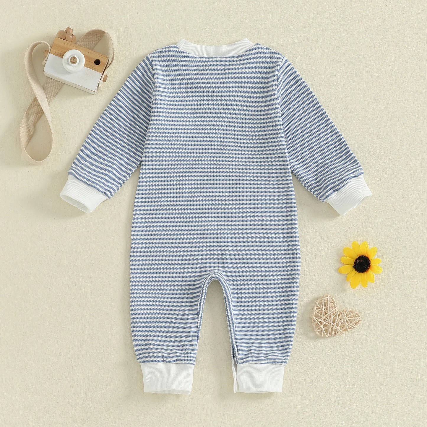 Baby Boys Mama's Boy Fall Romper Letter Embroidery Long Sleeve Round Neck Full Length Waffled Stripe Jumpsuit