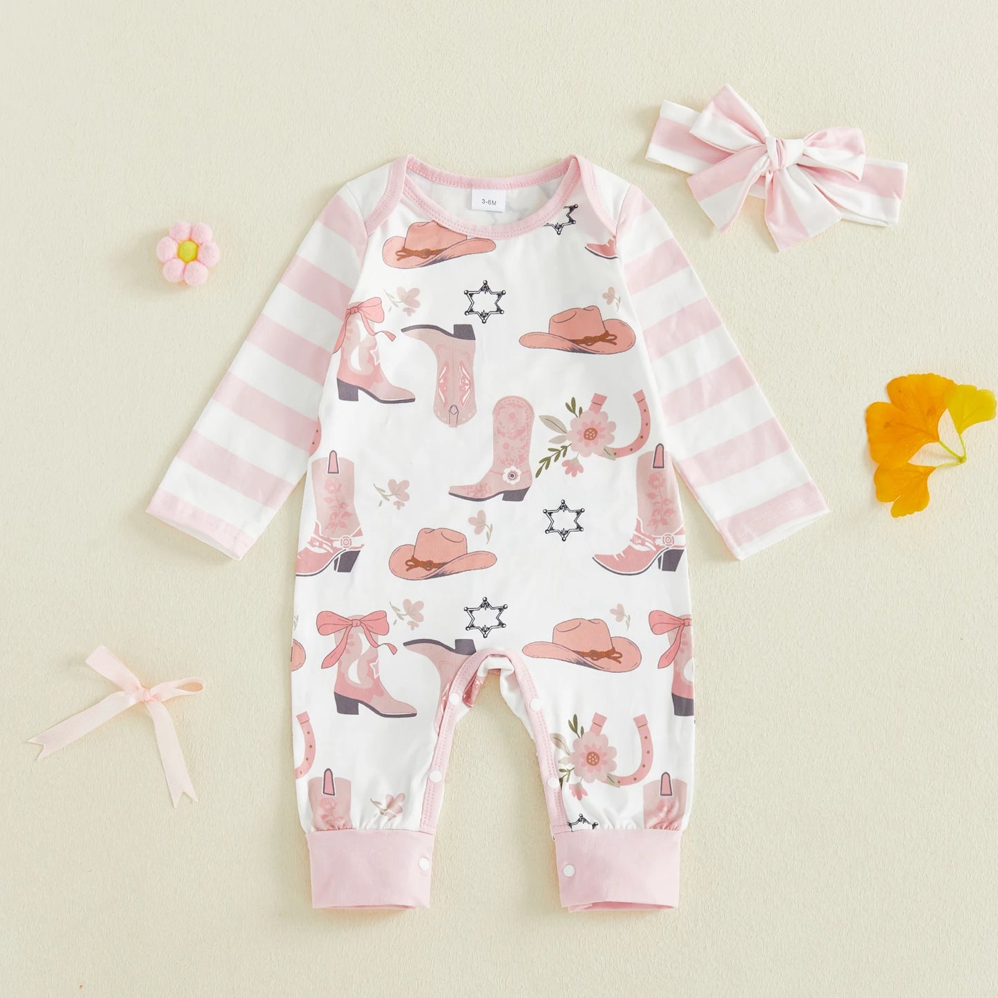 Baby Girl 2Pcs Western Outfit Long Sleeve Round Neck Cowgirl Hat Floral Print Jumpsuit with Headband Set
