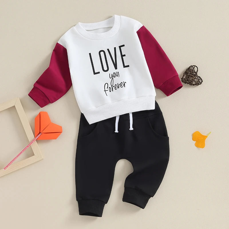 Toddler Baby Boy Girl 2Pcs Valentine's Day Outfit Letter Love You Forever Long Sleeve Top Stretch Jogger Pants Clothes Set