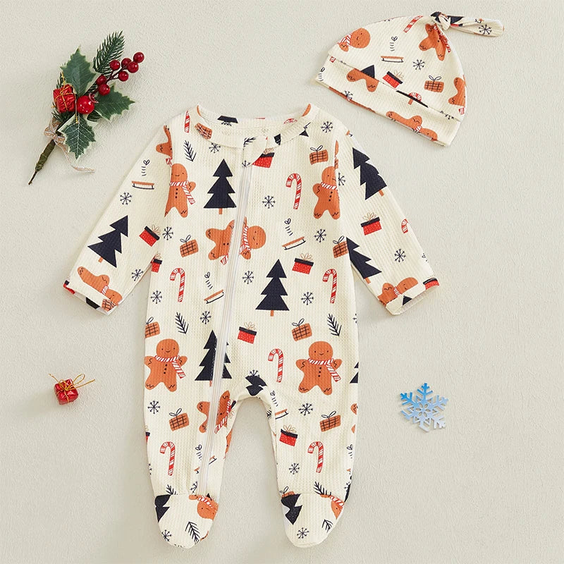 Girls Boys Christmas Jumpsuit Long Sleeve Christmas Tree Gingerbread Candy Cane Print Zipper Waffle Romper with Hat or Bow Headband