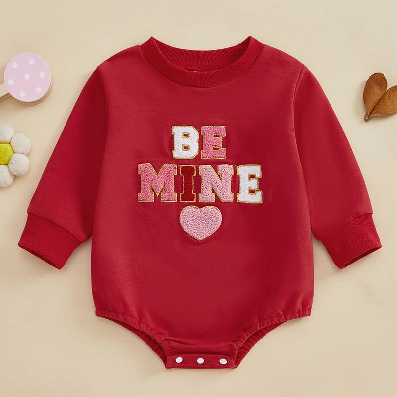 Baby Girls Bubble Romper Valentine's Day Be Mine / Kiss Me / Sweet Heart Letter Embroidered Long Sleeve Jumpsuit Valentines