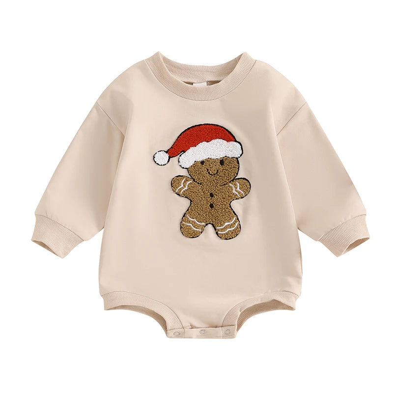 Baby Girls Boys Christmas Jumpsuit Long Sleeve Crewneck Gingerbread Man Santa Hat Embroidery Bubble Romper