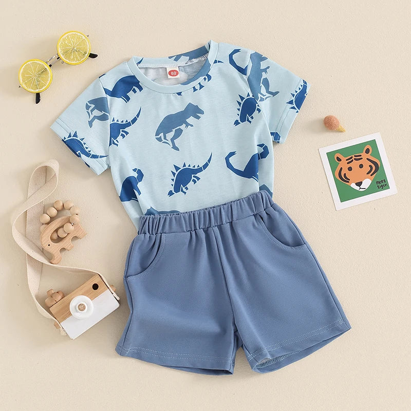 Baby Toddler Boys 2Pcs Outfit Dinosaur Print Short Sleeve Top Elastic Waist Shorts Clothes Set