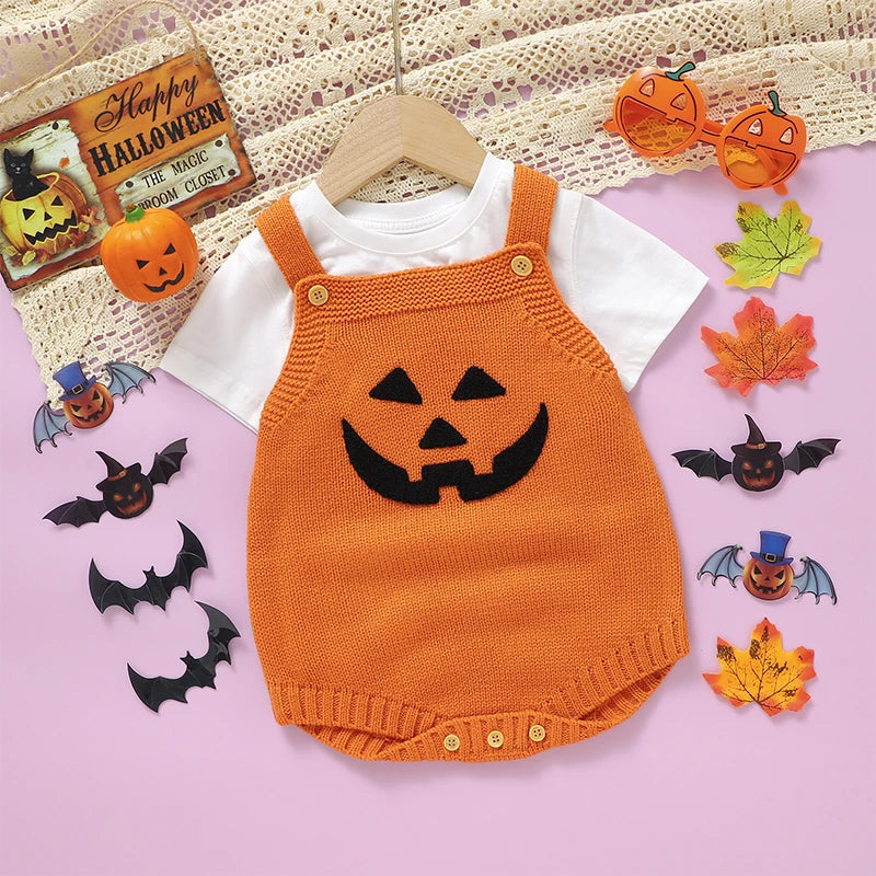 Baby Boys Girls Knit Romper Sleeveless Pumpkin Face Jack O Lantern Bodysuit Overalls Halloween