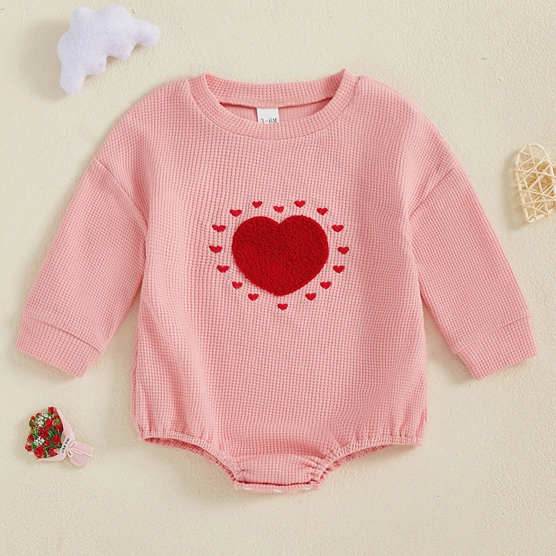 Baby Toddler Girls Waffle Romper Heart Valentines Embroidery Long Sleeve Jumpsuits Valentine's Day