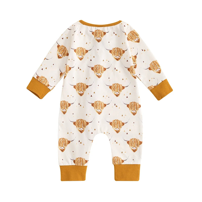 Baby Boys Girls Jumpsuit Long Sleeve Highland Cow Horse Print Fall Zipper Romper