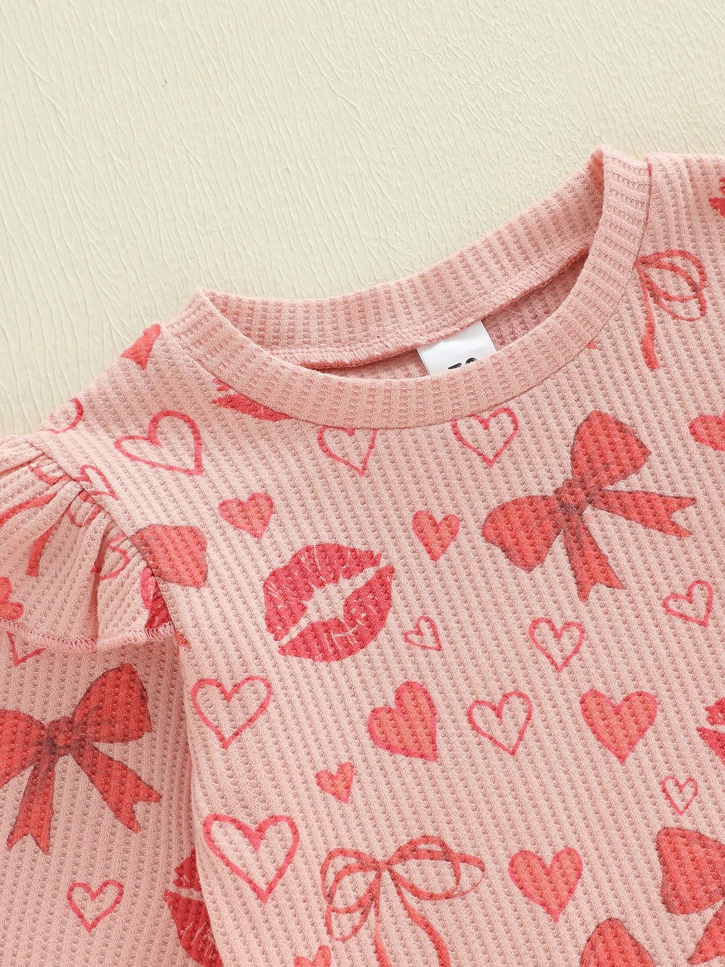 Baby Toddler Girls 2Pcs Valentine's Day Outfit Heart Bow Kiss Print Long Sleeve Crew Neck Top and Elastic Waist Pants Jogger Set