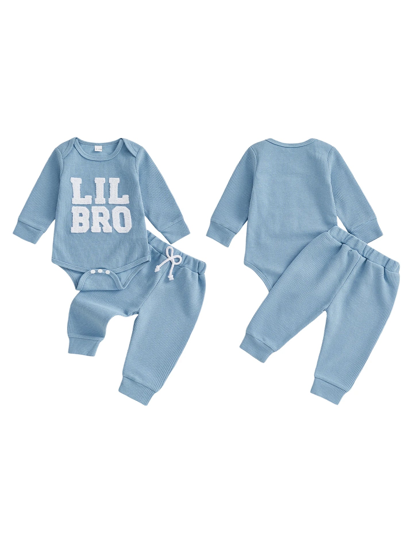 Baby Boy 2Pcs Lil Bro Outfit Waffle Letter Embroidered Ribbed Crew Neck Long Sleeve Romper and Jogger Pants 2 Pcs Set