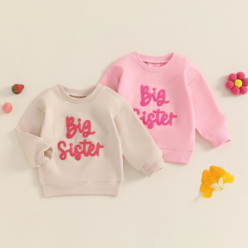 Toddler Kids Girls Big Sister Long Sleeve Crewneck Letter Embroidery Loose Fit Pullover Top