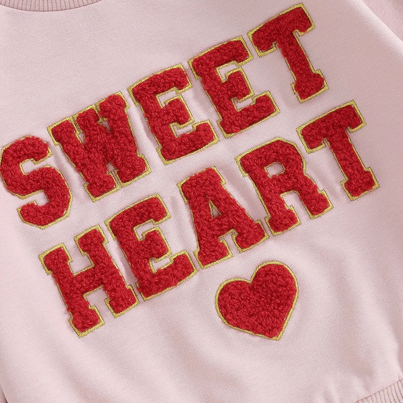 Baby Toddler Girls Valentine's Day Sweet Heart Letters Long Sleeve O-neck Embroidery Pullover Top