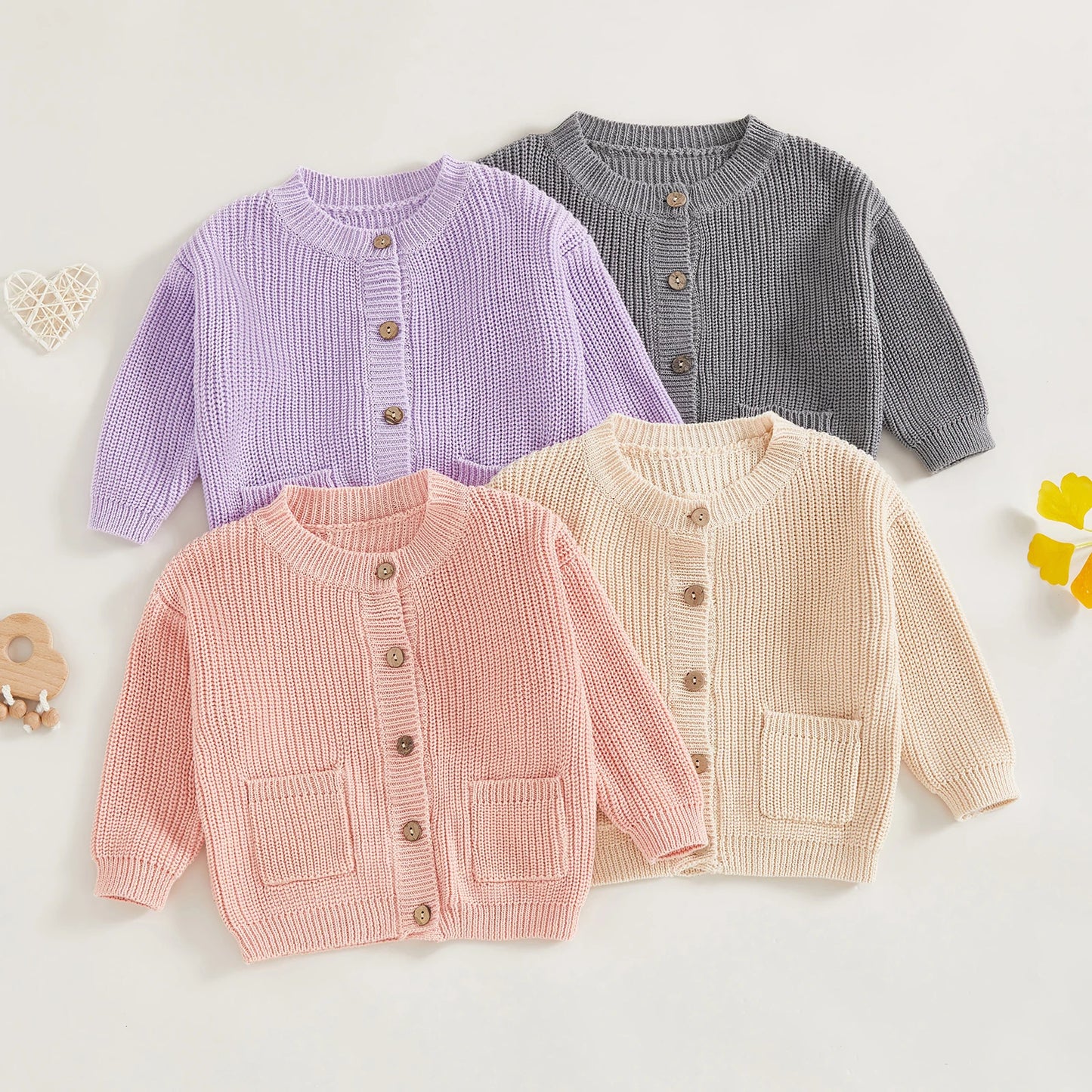 Baby Toddler Girls Boys Knit Cardigan Solid Long Sleeve Crew Neck Button-up Sweater with Pockets Casual Fall Clothes Top