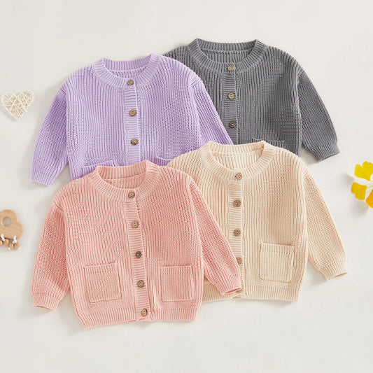 Baby Toddler Girls Boys Knit Cardigan Solid Long Sleeve Crew Neck Button-up Sweater with Pockets Casual Fall Clothes Top