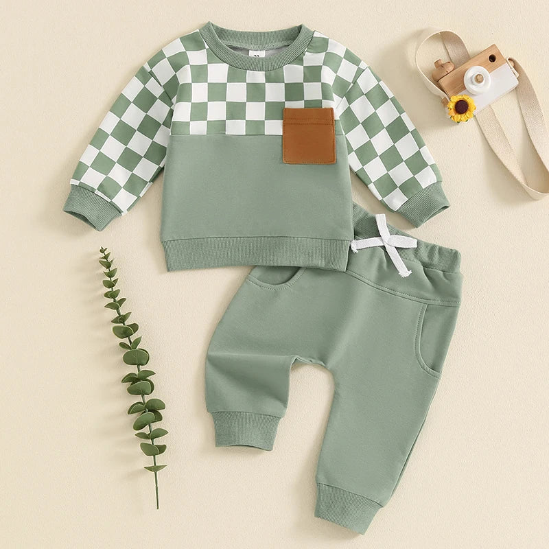 Baby Toddler Boys 2Pcs Fall Clothes Checkerboard Print Long Sleeve Pocket Top with Solid Color Long Pants Outfit Set