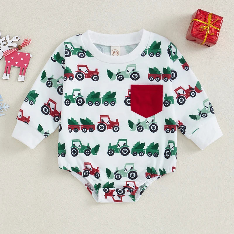 Baby Boy Girl Winter Romper Christmas Tractor Tree Print Long Sleeve Pocket Jumpsuit