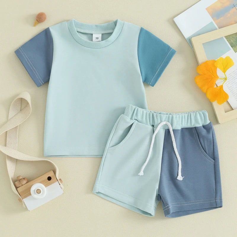 Toddler Baby Boy Girl 2Pcs Outfit Short Sleeve Contrast Color Top Elastic Waist Shorts Set Neutral Spring Summer Clothes