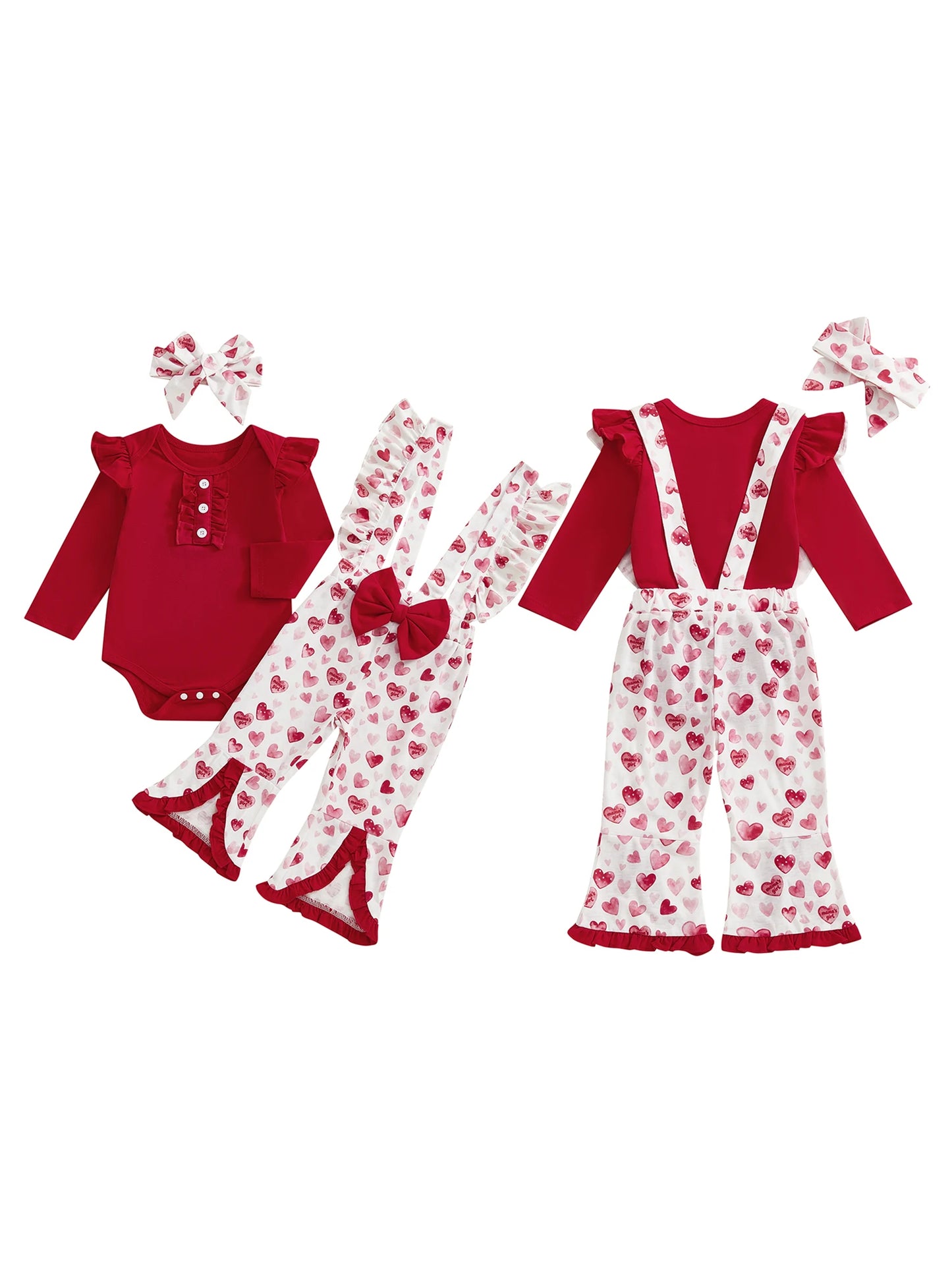 Baby Girls 3Pcs Valentine's Day Outfit Long Sleeve O Neck Ruffled Jumpsuit Headband Heart Print Overalls Set