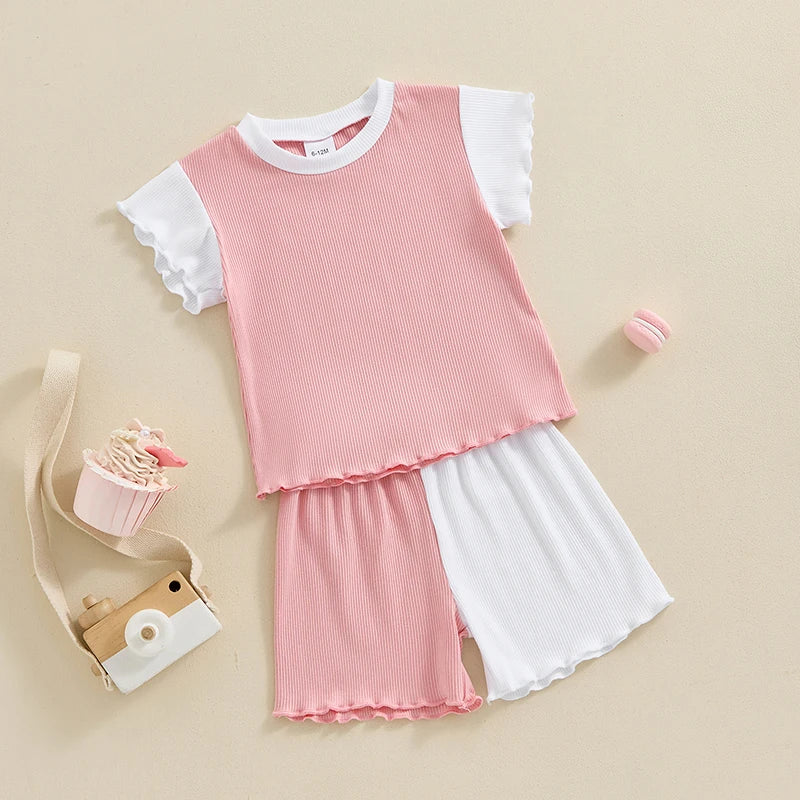 Baby Toddler Girls 2Pcs Contrast Color Short Sleeve Crew Neck Top Frilly Sleeves with Shorts Summer Outfit Set