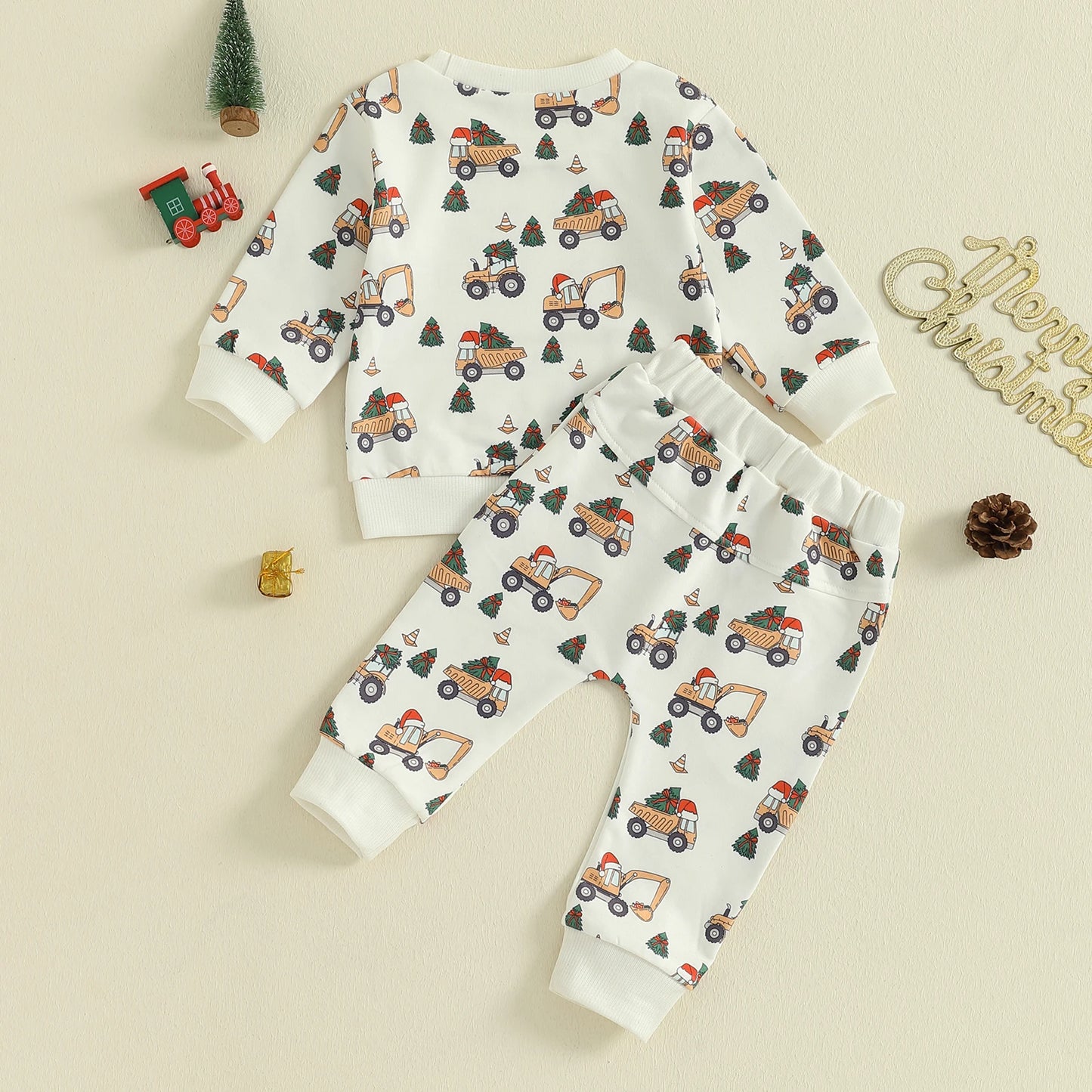 Toddler Baby Boy Christmas Outfit Dump Truck Excavator Christmas Tree Print Long Sleeve Sweatshirt and Pants 2Pcs Set