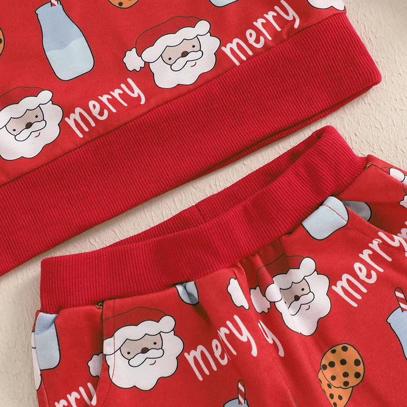 Baby Toddler Boys Girls 2Pcs Christmas Jogger Set Long Sleeve Round Neck Milk Cookies Merry Santa Claus Print Top Pants Outfit