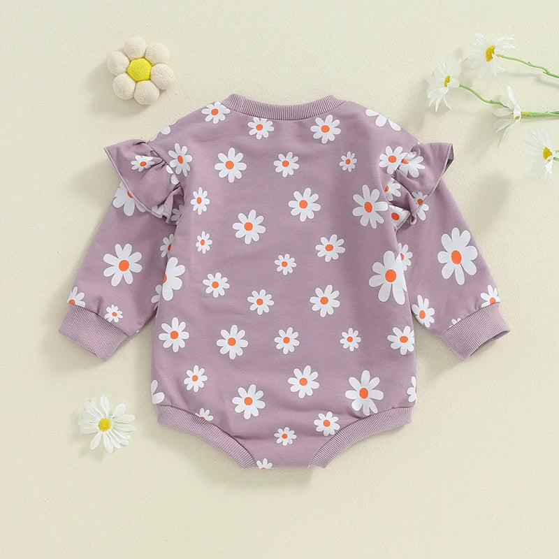 Baby Girl Bubble Romper Flower Daisy Print Round Neck Long Sleeve Jumpsuit