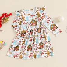 Load image into Gallery viewer, Toddler Kids Girls Long Sleeve Dress Christmas Gingerbread Print Ruffle A-Line Dress
