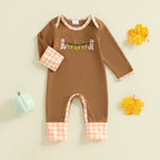 Baby Boys Halloween Romper Pumpkin Dog Embroidery Long Sleeve Round Neck Plaid Jumpsuit