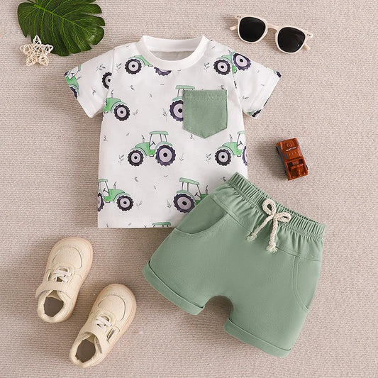 Baby Toddler Boys 2Pcs Summer Outfit Tractor Print Short Sleeve Top Elastic Waist Shorts Set