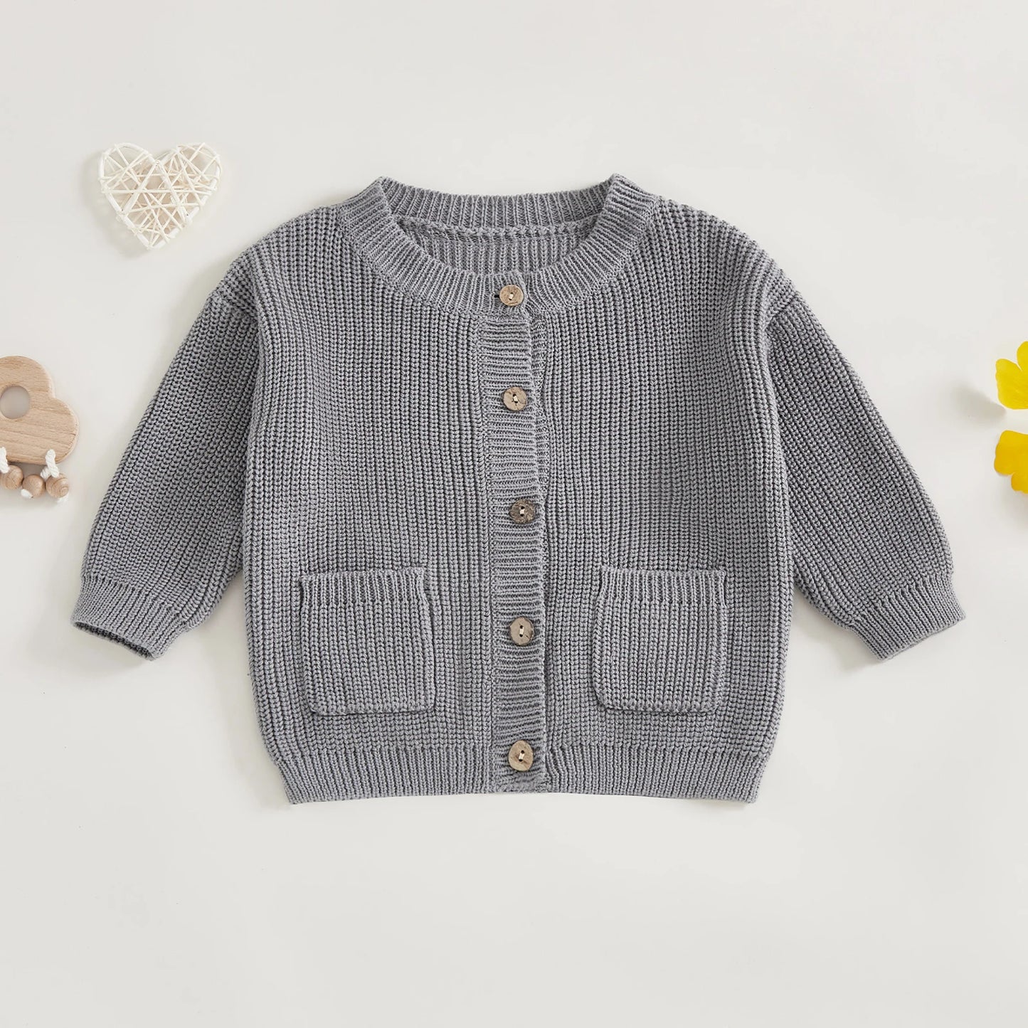 Baby Toddler Girls Boys Knit Cardigan Solid Long Sleeve Crew Neck Button-up Sweater with Pockets Casual Fall Clothes Top
