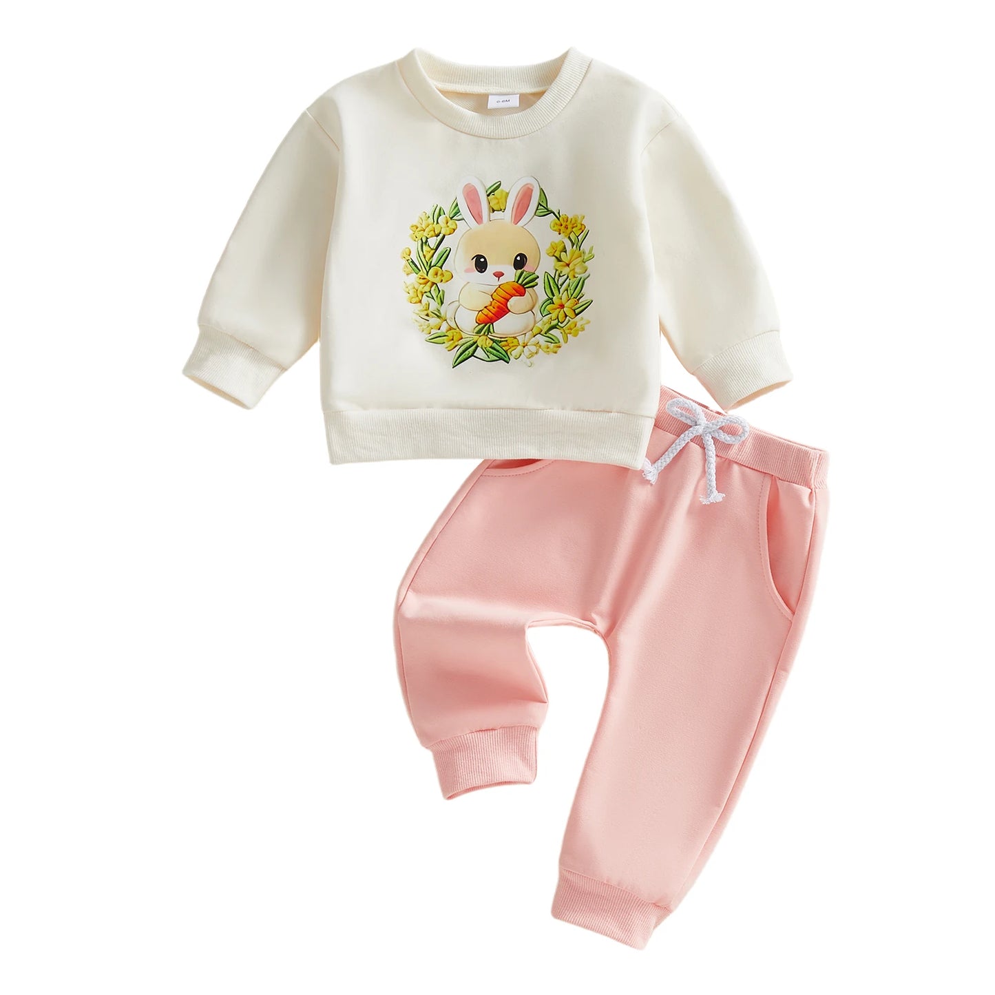 Baby Toddler Girls 2Pcs Easter Outfit Rabbit Flower Embroidery Long Sleeve Crew Neck Top and Elastic Waist Pants Jogger Set
