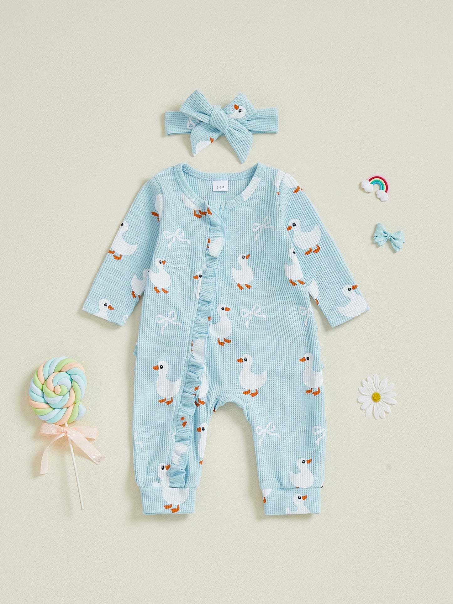 Baby Girls 2Pcs Fall Waffled Zipper Romper Bow Goose Animal Print Long Sleeve Round Neck Zip Up Jumpsuit with Headband Set