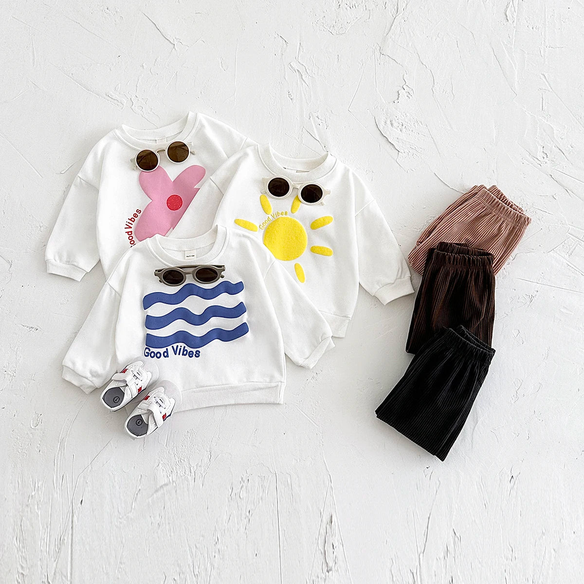 Baby Toddler Girls Boys 2Pcs Set Flowers / Waves / Sun Good Vibes Letters Print Pullover Long Sleeve Crewneck Top + Corduroy Pants Outfit