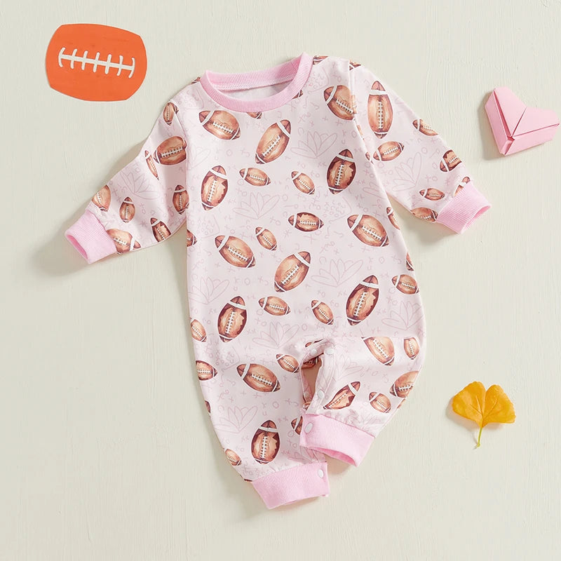 Baby Girls Crewneck Fall Romper Football Print Long Sleeve Jumpsuit