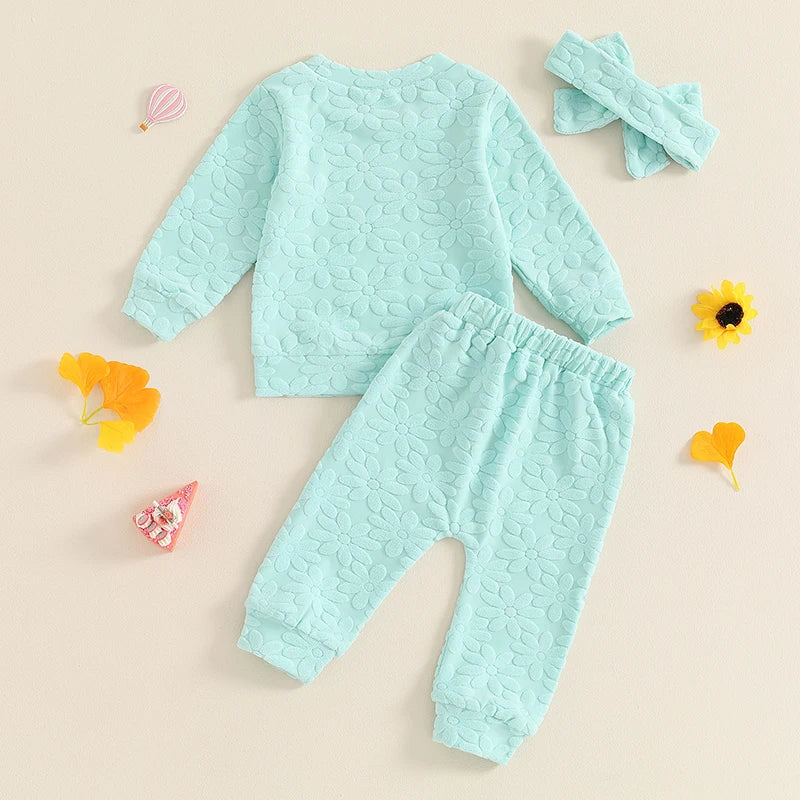 Baby Toddler Girls 3Pcs Fall Outfit Daisy Flower Embroidery Long Sleeve Top with Elastic Waist Pants Headband Set