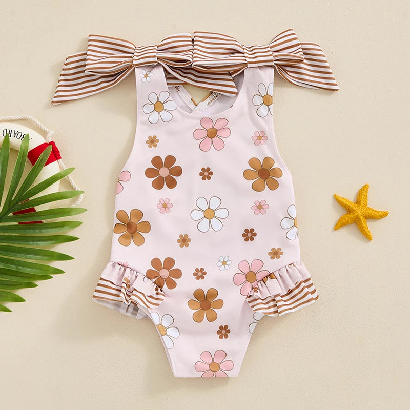 Toddler Kids Girl Summer Swimwear Sleeveless Floral/Turtle Print Ruffle Monokini Swimsuits Bathing Suit Romper