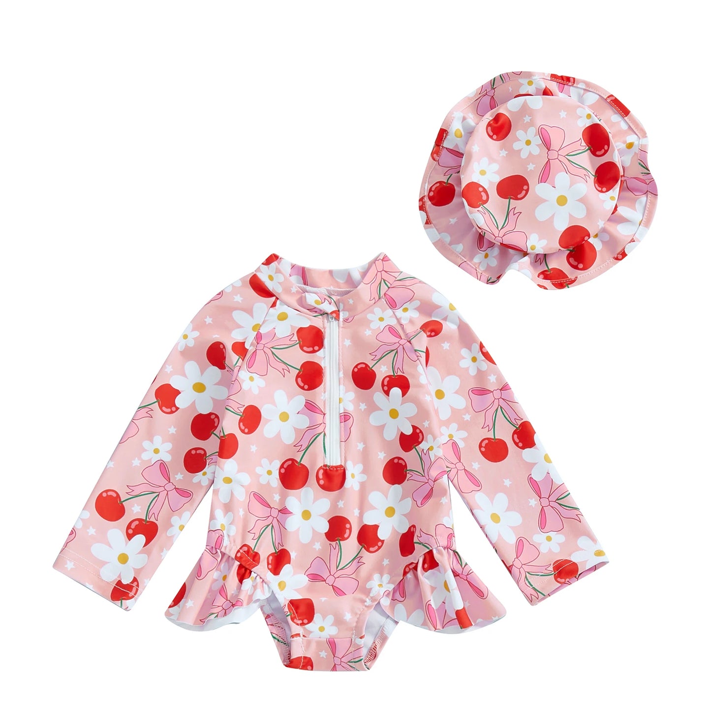 Baby Toddler Girls 2Pcs Rash Guard Swimsuit with Hat Bow Floral Print Zip Up Long Sleeve Crew Neck Swimwear Bathing Suit Set
