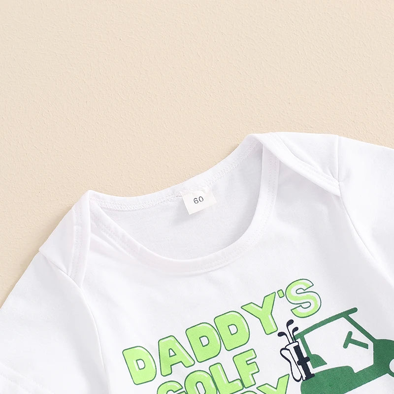 Baby Boys 3Pcs Outfit Daddy's Golf Buddy / It's In My DNA Letters Print Short Sleeve Romper Golf Cart Print Pants and Hat Infant Clothes Set