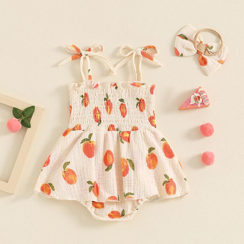 Baby Girls 2Pcs Summer Romper Dress Sleeveless Peach Print Cami Tank Playsuit with Headband Set