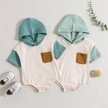Load image into Gallery viewer, Infant Baby Boys Girls Summer Jumpsuit Short Sleeve Color Block Chest Pocket Hooded Bodysuit Bubble Romper

