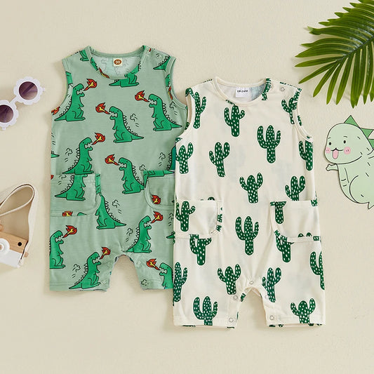 Baby Girl Boy Sleeveless Romper Casual Cactus Dinosaur Print Round Neck Tank Top Jumpsuit with Pocket Overalls