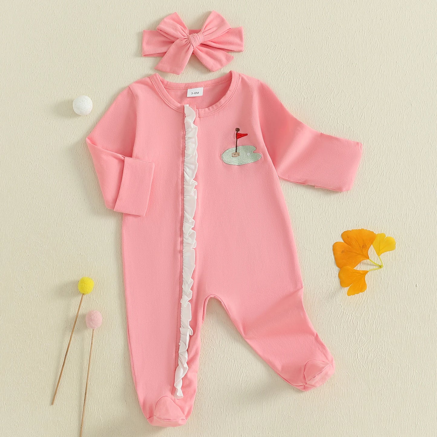 Baby Girls 2Pcs Footies Rompers Golf Embroidered Long Sleeve Round Neck Infant Fall Jumpsuits with Headband Set